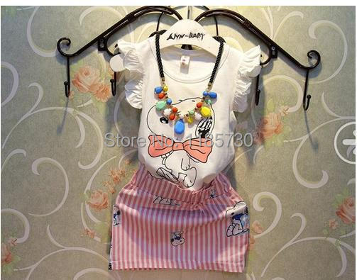 New 2014 Summer Children's Clothing Girl Baby Mini Fashion Big Brands Printing Cartoon Vest T Shirt + Skirt kids Two Pcs Set
