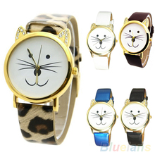 Mujeres Rhinestone barba cara del gato estilo de imitación de cuero cuarzo analógico reloj de pulsera 28BR