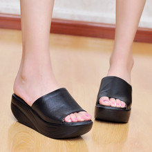 New Designed Fashion Slim Wedge High Heel Women Summer Slippers Geunine Leather Slides Elevator Platform Swing Shoes Big Size