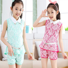 Trendy summer style white chiffon suit shirt and shorts 2pcs vest short pants set t-short for 11 years old girl with waistband