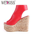WETKISS 34 43 Bohemia Plaited Straw Wedges Ankle Wrap Cutouts Sandals High Heels Platform Sandals Summer