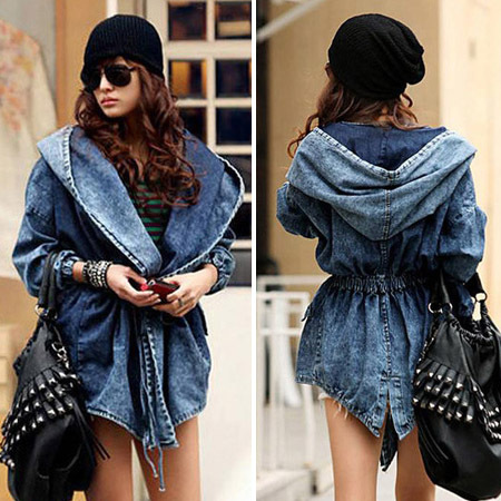 2015 New Fashion autumn winter Women s Denim Coat Hoodie Coat Hooded Adjustable Waist Outerwear Jeans