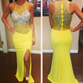 Sexy Long Mermaid Rhinestone Beads Vestido De Festa Yellow Prom Dress 2016 with side Split