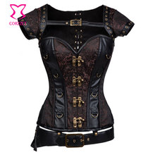 Vintage Black Leather&Brown Brocade Steel Boned Waist Training Corset Gothic Clothing Steampunk Corsets And Bustiers Sexy Korset
