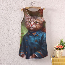 Spring summer style new 2016 cat printing lady fashion women sleeveless round neck T-shirt stylish lady t shirt women clothing