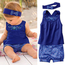 2016 New Summer Baby Clothes Sets Suits Cute Girls Vest tops Scarf Headband Pants 3PCS