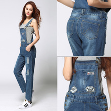 Denim Jumpsuit Jeans For Women 2016 Fashion Cotton Loose Mid Waist Jeans With Holes Rompers Blue Long Denim Jeans Woman