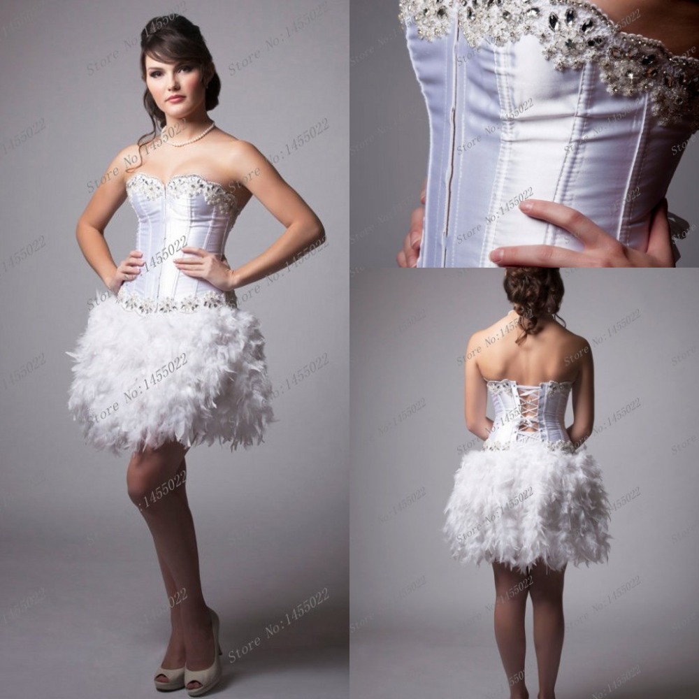 2015 Sexy Fast Shipping White Feather Dress Beaded Ball Gown Sweetheart Short Mini Prom Dress To