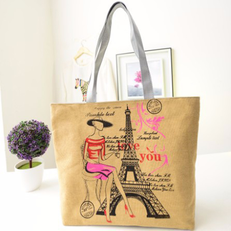 New Arrival Fashion Low Cost Canvas Handbag Eiffel Tower Design Shoulder Bag Enviromental ...