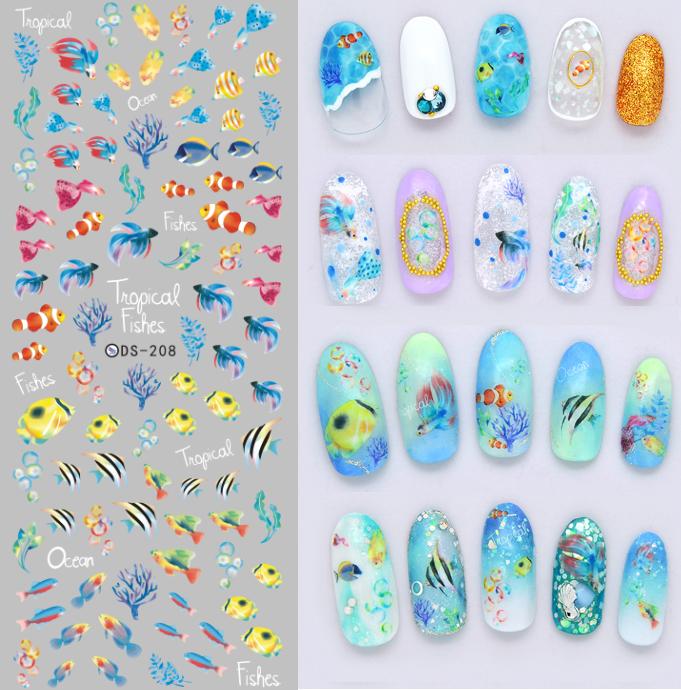 DS208 DIY Nail Design Water Transfer Nails Art Sticker Color Ocean Fishes Nail Wraps Sticker Watermark