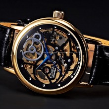 2015 New Black Skeleton Dial Genuine Leather Band Analog Golden Stainless Steel Case Hand Winding Mechanical