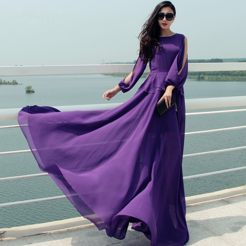 7XL Plus Size Purple Vintage Autumn Long Sleeve Floor Length High Waist Feminine Dresses 2015 Fashion Elegant Women Party Dress