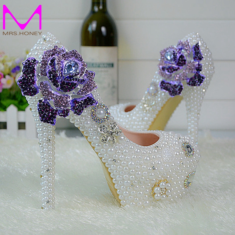 Фотография 2016 Handmade Soulmate Pattern White Pearl Wedding Shoes Rose Flower Style Rhinestone Women Pumps Bridesmaid shoes Size 34-45