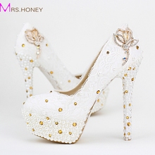 2016 Customized White Lace Wedding Party Shoes Genuine Leather Women Platforms with Pearl 5 Inches Heel Graceful Bridal Shoes