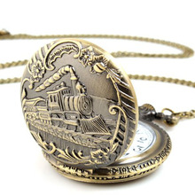 Popular 2015 Unisex Antique Case Pocket Watch Women Vintage Brass Rib Chain Quartz Pocket Watch Train
