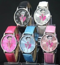 10pcs/lot New Hot Wrist Watch for Women Leather Band Betty Boop Pattern Black Stylish Watch