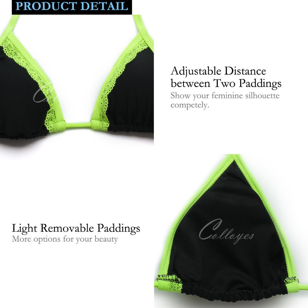 CA151002-800 Colloyes Sexy Black + Green Lace Triangle Top + Classic Cut Bottom Lace Bikini Swimwear Triangl Women\'s Fashion Bathing Suit (7)