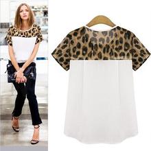 Woman blouses Summer Chiffon clothing Leopard Print Patchwork Top Round Neck Short Sleeve Casual Clothing S-3XL