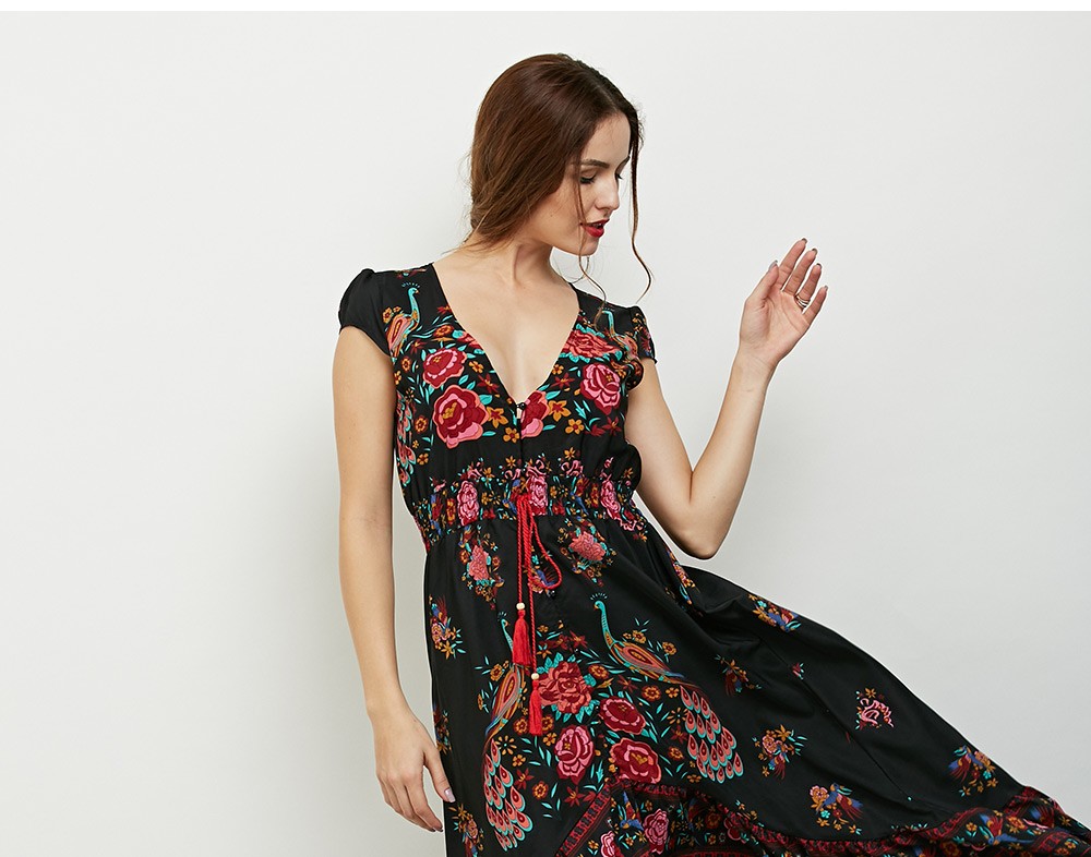 VESTLINDA Floral Print Maxi Dress Women Vintage A-Line Short Sleeve V Neck Empire Summer Sun Dresses Ankle Length Long Dress 14