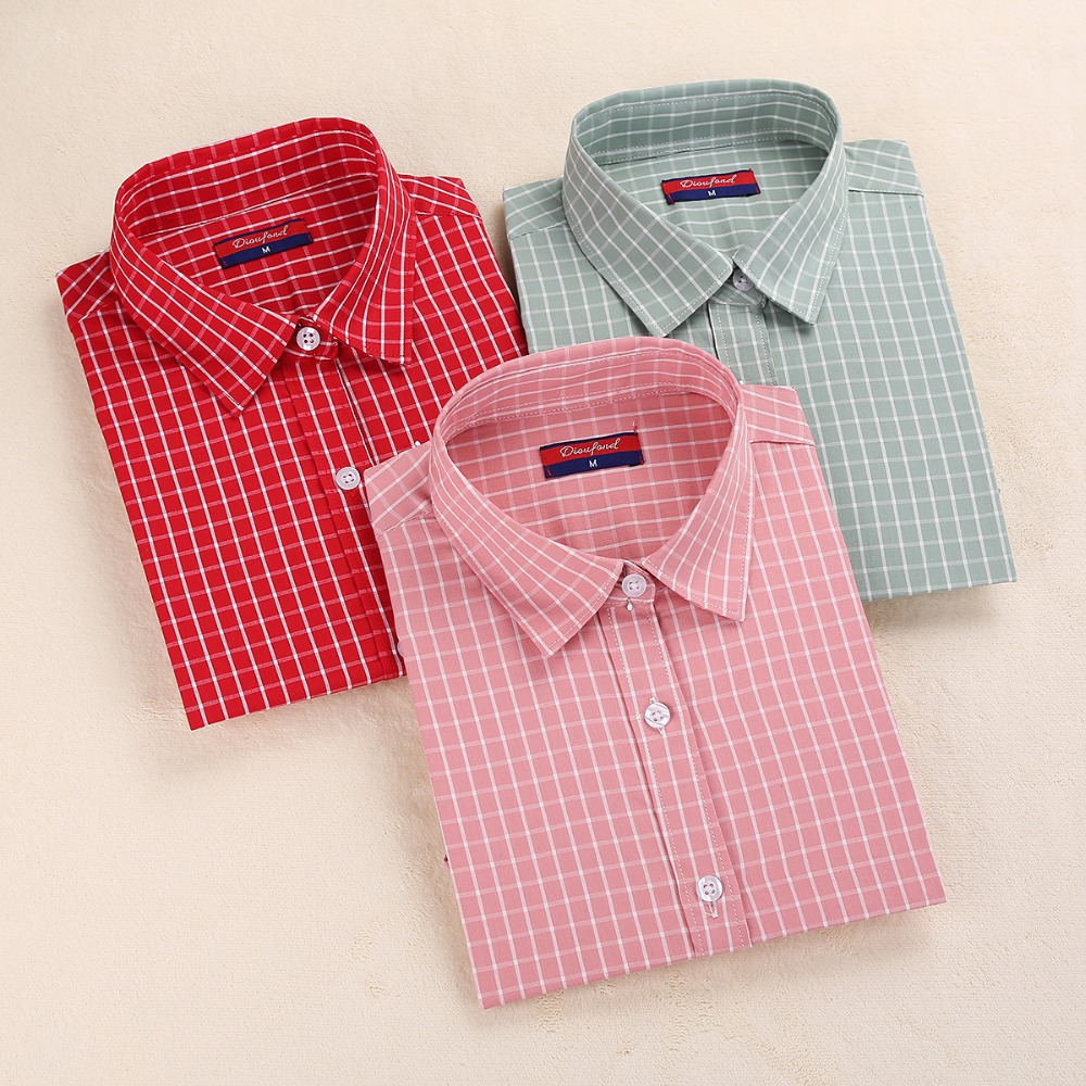 Brand New Womens Plaid Blouse Cotton Womens Long Sleeve Tops Ladies Red Plaid Shirt Female font
