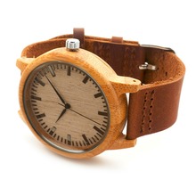 Genuine Cowhide Leather Band Bamboo Wood Wristwatches with Japan Movement 2035 Quartz Watch as Gifts for Friends