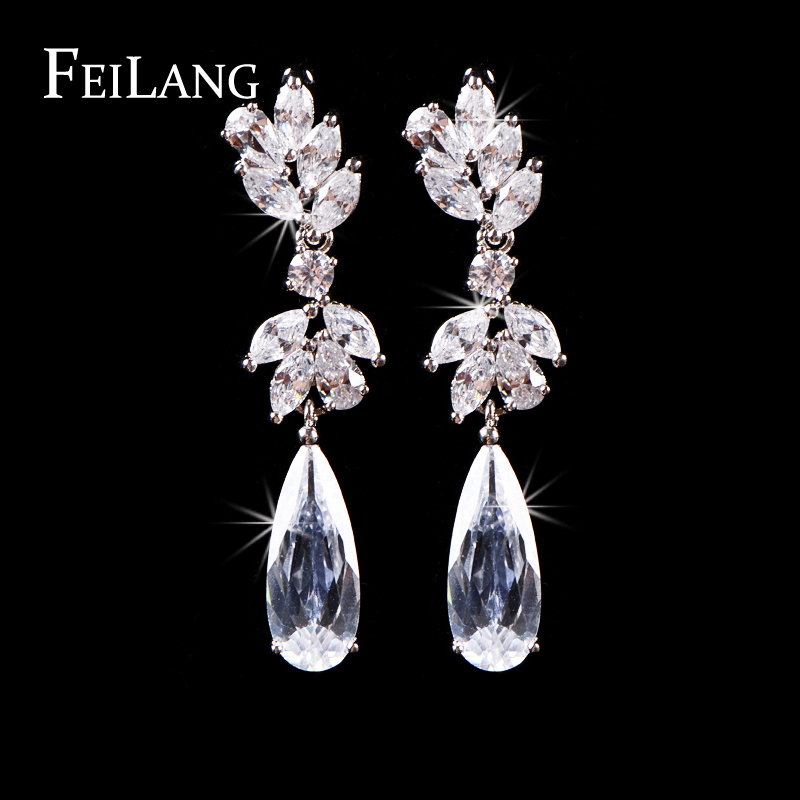 White Gold Plating Austrian Flower Shape Zircon Water Drop Crystal Pendant Drop Earrings For Bride Jewelry (FSEP050)