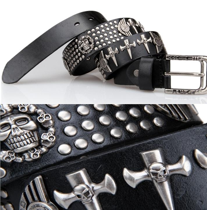 Real Genuine Leather Punk Belts For Men Skull Rock Men Belt Cross Rivet