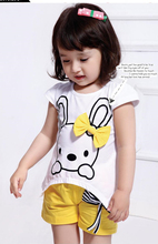 Selling new fashion 2015 summer children girl beautiful rabbit bowknot short sleeve T-shirt + pants two-piece suit free shipping