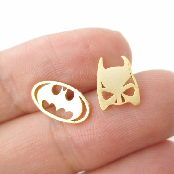 Batman Themed Bat Mask and Logo Shaped Stud Earrings in Silver DC Comics Super Heroes Themed Jewelry 