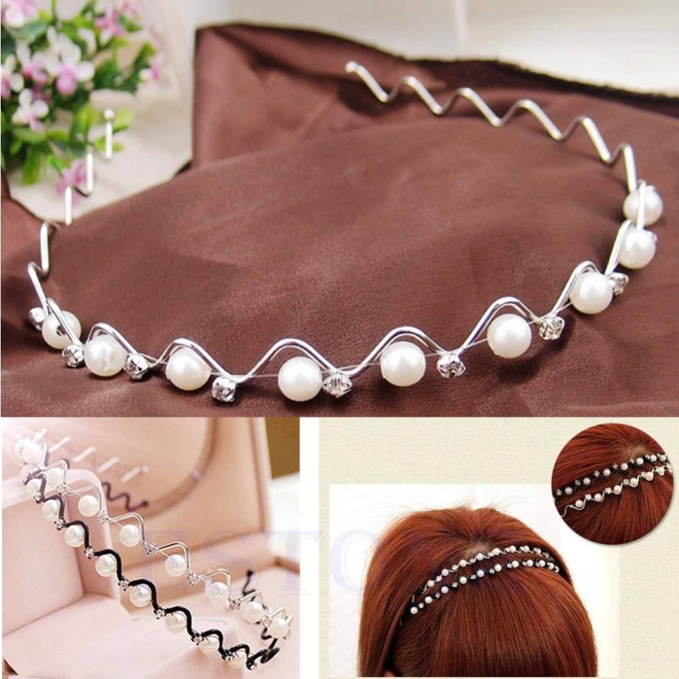 Free Shipping Hot Korean Beauty Rhinestone & Imitation Pearl Wave Hairpin Hair Band Headband