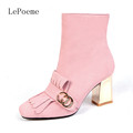 Grain Leather Ankle Boots 2016 Autumn And Winter Fashion Thick Heel Rhinestone Fringe Boots Shoes Black