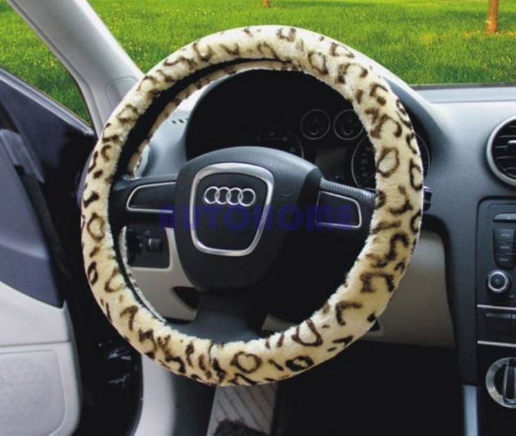 Soft Leopard Plush Auto Car Steering Wheels Cover Anti-slip 38CM 15 Beige (1)