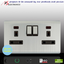 2 Gang 13 Amp Switched UK Type Plug Socket Matt Chrome Decorative Switch Black Insert