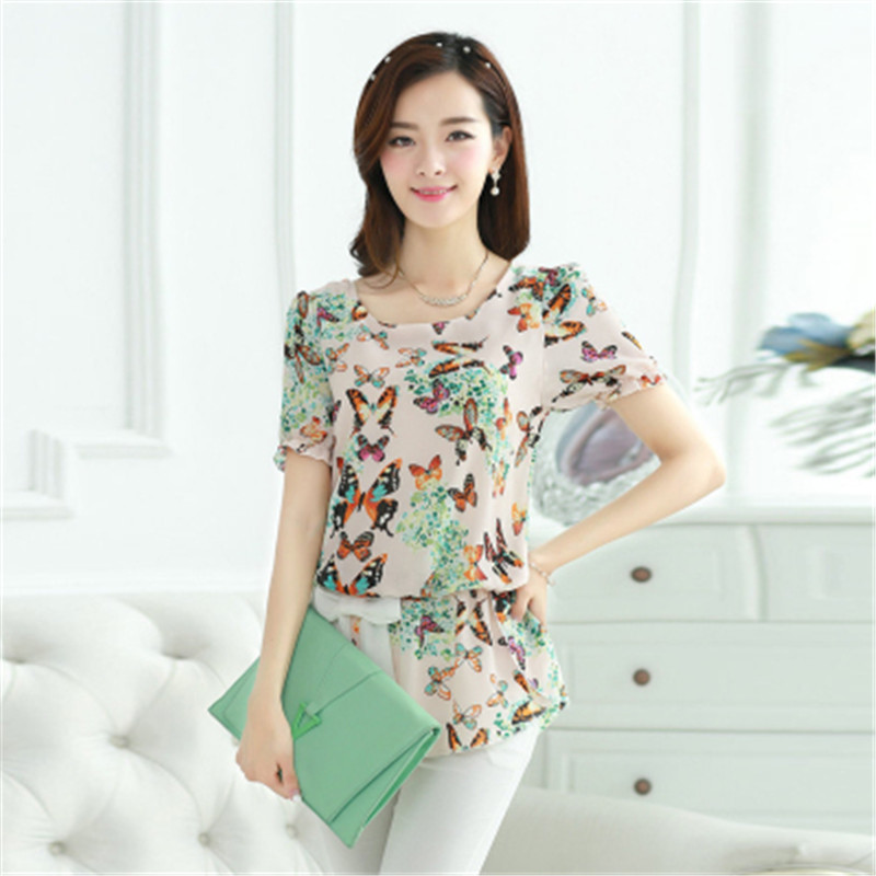 2015 new spring and summer Korean female short-sleeved chiffon shirt female Puff Floral long section of large size women's small