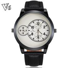 V6 hombres reloj marca 2014 moda diseño Simple reloj Casual cuero auténtico Dual a lo grande del Dial del reloj para Hombre Relo Hombre