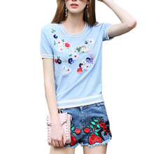 Women’s Sweater Brand Fashion 2016 Autumn Bird Floral Beading Sequined Sweaters Short Sleeve Knitted Pullover Tops Women Jumper