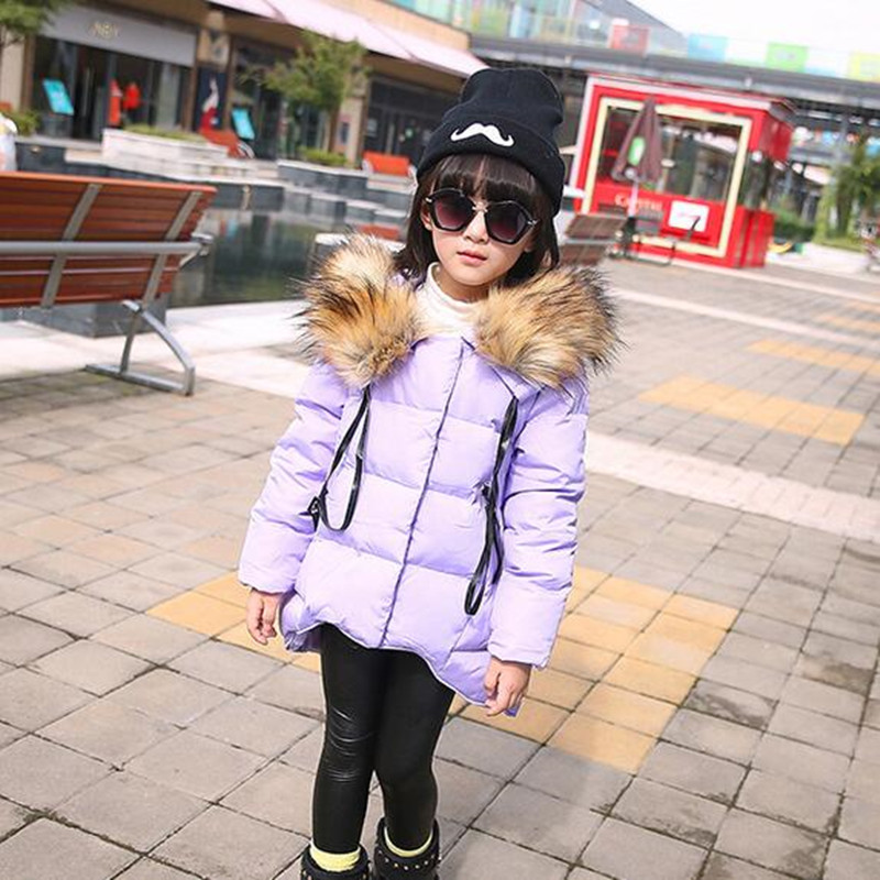 Fur Collar Girl Coat Winter Korean Style Thick Long Sections Fashion Down Jacket Slim Solid Color Children Outwear Kids Clothes