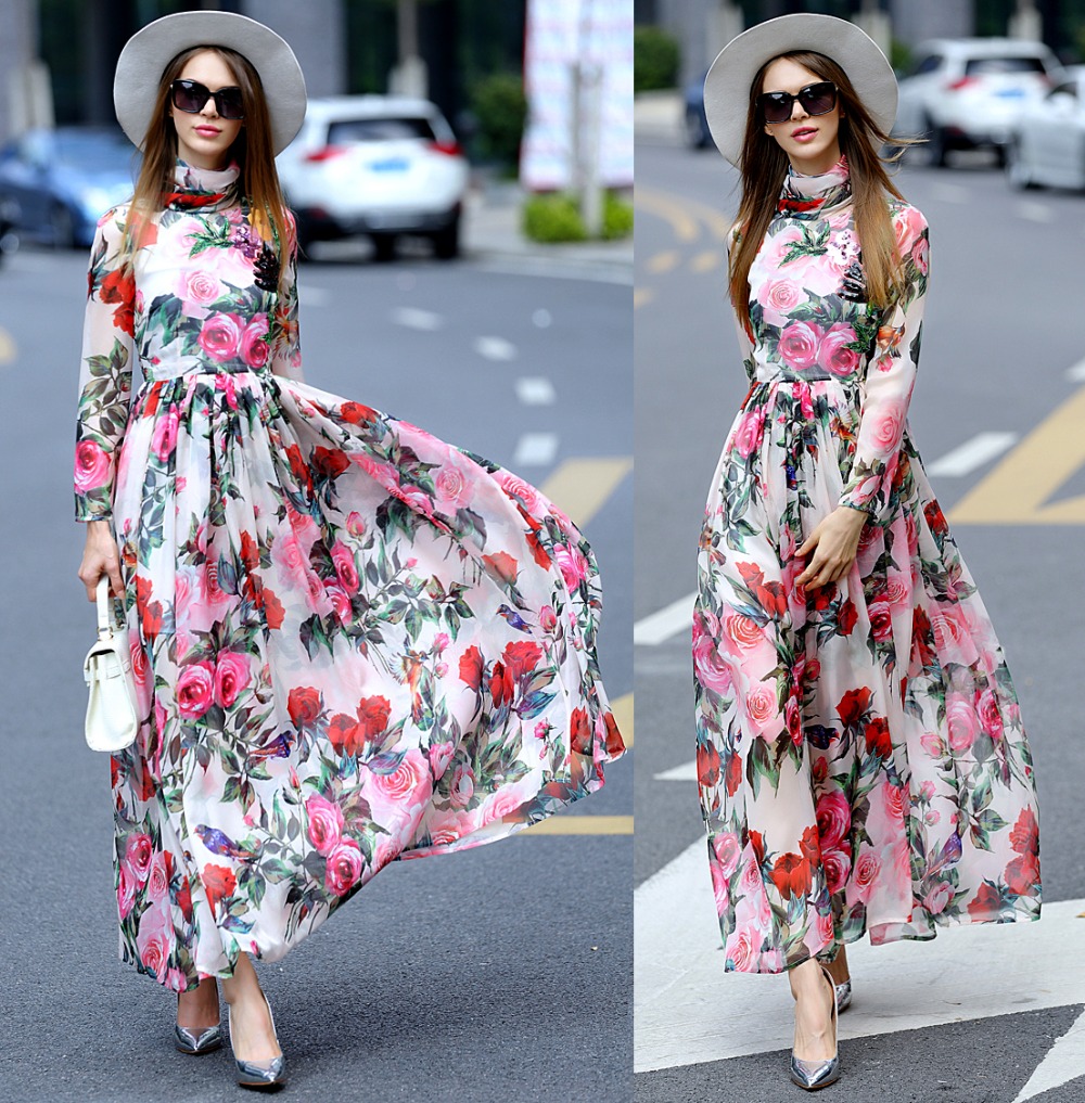 New 2016 spring summer women fashion bohemian dress runway rose patterns print sequined long-sleeve casual maxi dresses shawl