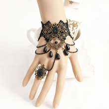 Handmade Beads Drop Cutout Floral Stone Layered Chain Black Lace Bracelet Adjustable Ring Slave Set Wristband Gothic Retro Ball
