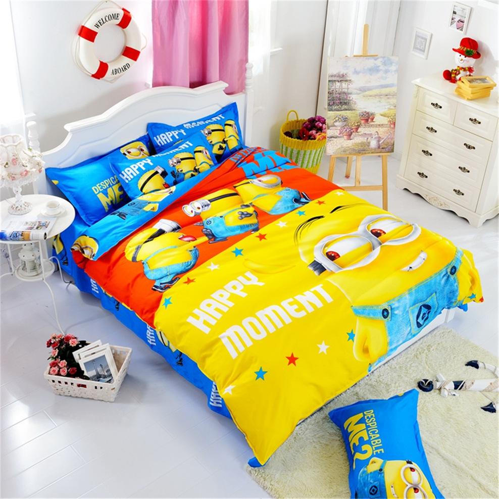 Hot!Cotton Bedding Set Cartoon Printing Minions Mitch Bedclothes for Baby Children Kid Bed Linen Twin Full Queen Duvet Cover Set