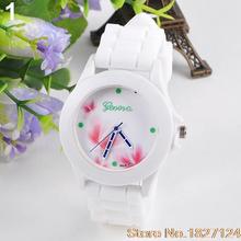2015 Popular StyleNewest Women s Geneva Flowers Printed White Silicone Band Analog Quartz Wrist Watch 4NVL
