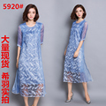 2016 New Summer Fashion Women dress Patch O-Neck Embroidered Half Sleeve Dresses Blue 5920