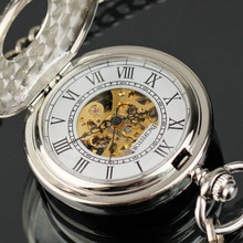 PACIFISTOR Pocket Watch Antique Mechanical Skeleton Dress Pocket Watch Necklace Pendant Chain Gift Silver Relogio 2015