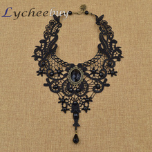 Vintage Steampunk Necklace Black Lace Beads Rhinestone Choker Collar Necklace Gothic Jewelry