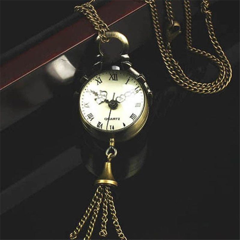Retro Vintage Bronze Quartz Ball Glass Pocket Watch Necklace Chain Steampunk