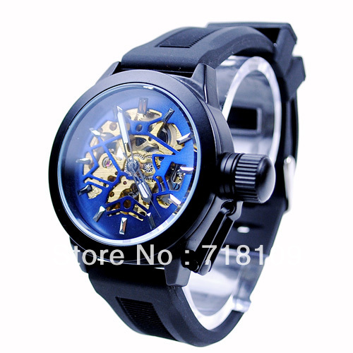 Mens Sport Automatic Mechanical Watch Wrist Watch Black Rubber Belt Blue Dial