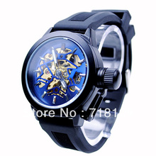 Mens Sport reloj mecánico automático de pulsera de goma negro cinturón azul Dial