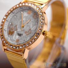 Women s Golden Color Butterfly Face Style Mesh Band Quartz Analog Wrist Watch 2BF1