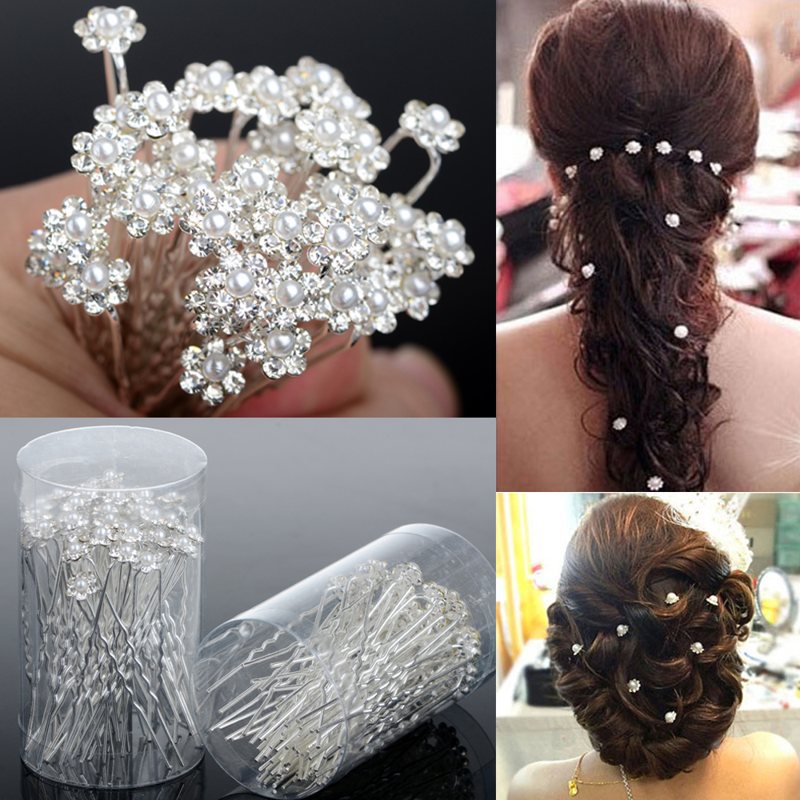 40PCS Wedding Accessories Bridal Pearl Hairpins Flower Crystal Rhinestone Diamante Hair Pins Clips Bridesmaid Women Hair