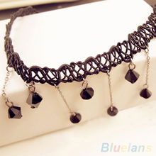 Women Black Beads Pendant Crystal Bib Chain Jewelry Collar Choker Necklace 1QGR